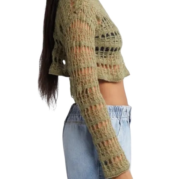 BDG URBAN OUTFITTERS Ladder Cobweb Crop Sweater, Olive, Grunge, Y2K, Beachy, M - Picture 4 of 10